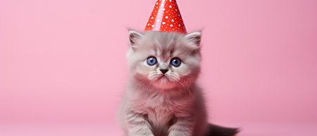 Cute kitten in party hat on pink background, panoramic shotの素材
