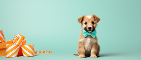 Cute puppy in bow tie sitting near gift boxes on mint backgroundの素材
