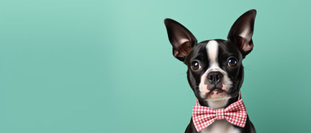 Cute Boston Terrier dog wearing bowtie on green background with copy spaceの素材