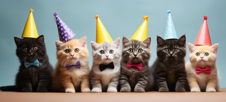 Group of multicolored kittens in birthday hats on blue background.の素材