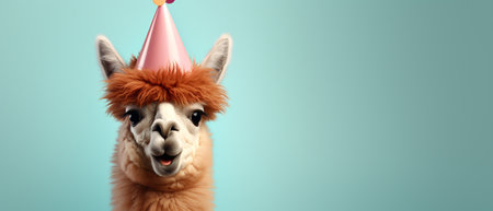 Cute funny alpaca with birthday hat on blue background.の素材