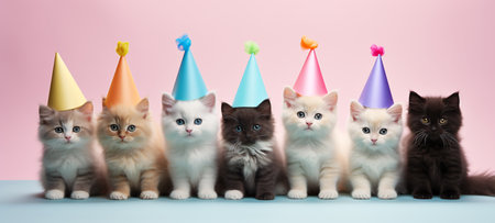 Group of kittens with birthday hats on pastel pink and blue backgroundの素材
