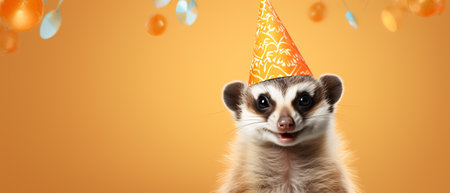 funny meerkat with party hat and balloons on orange backgroundの素材
