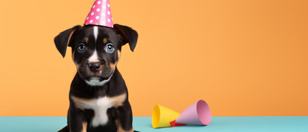 Funny puppy with birthday hat and megaphone on orange backgroundの素材