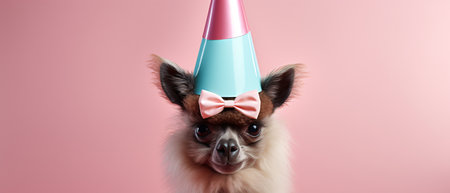 Funny alpaca with birthday hat on pink background.の素材
