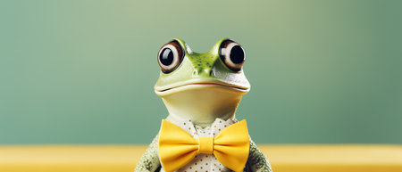 Funny frog in a bow tie on a green background. 3d renderingの素材