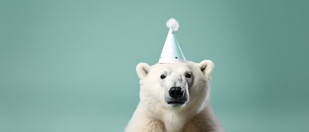 Cute polar bear in party hat on green background, panoramaの素材