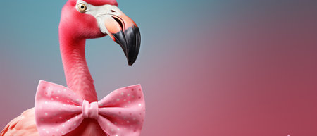 Flamingo with a pink bow on a pink background. Banner.の素材