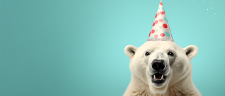 Cute polar bear with party hat on blue background. Banner designの素材