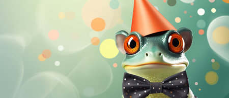 Funny frog in party hat and bow tie on green background.の素材