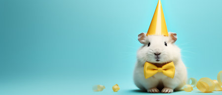 Funny white hamster with birthday hat and yellow bow tie on blue backgroundの素材