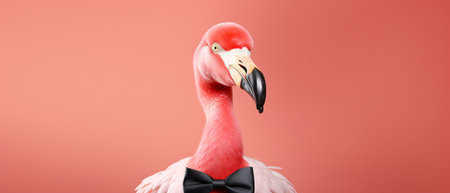 Flamingo in a bow tie on a red background. Horizontal banners.の素材