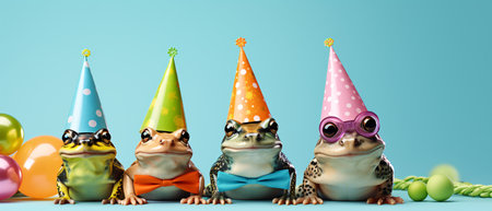 Frog birthday party. 3D illustrations. 3D rendering.の素材
