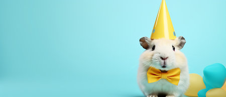 3d rendering of a cute white hamster wearing a birthday hat and a yellow bow tie on a blue backgroundの素材