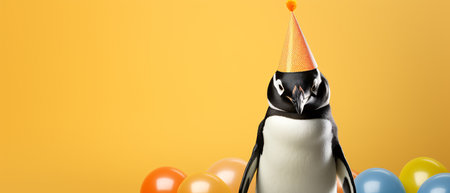 Cute penguin with party hat and balloons on yellow background.の素材