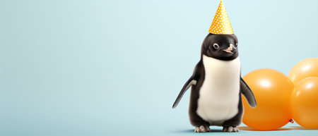 Cute penguin with birthday hat and balloons on blue background.の素材
