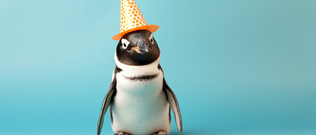 Black and white penguin wearing a party hat on a blue backgroundの素材