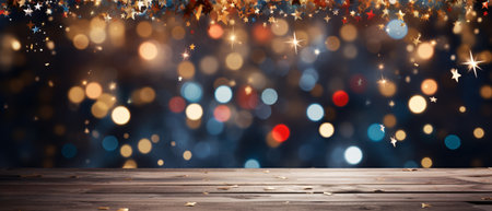 Wooden background with Christmas bokeh lights and copy spaceの素材