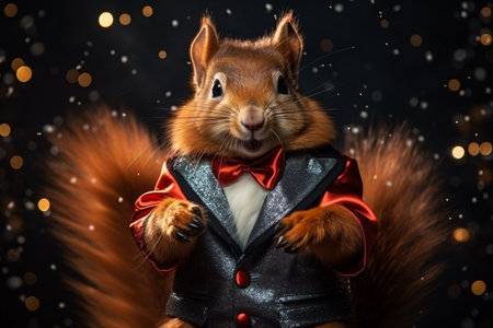 Red squirrel dressed as a vampire with a bow tie and a red coat on a black background.の素材