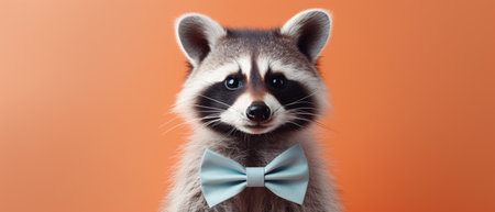 Portrait of a raccoon with a bow tie on an orange backgroundの素材