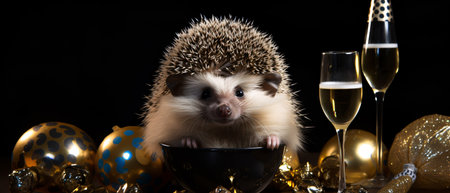Hedgehog with champagne and golden Christmas decorations on a black backgroundの素材