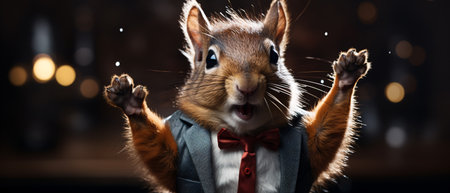 Close-up portrait of a squirrel in a suit and bow tieの素材