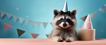 Cute raccoon with birthday hat and cake on blue background.の素材