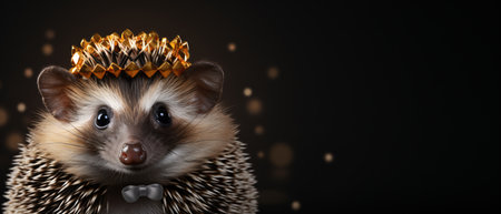 Hedgehog in a golden crown on a black background. 3d renderingの素材