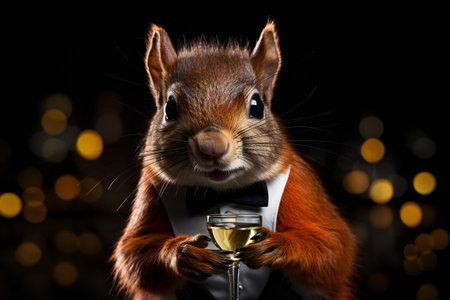 Elegant squirrel holding glass of wine on bokeh backgroundの素材