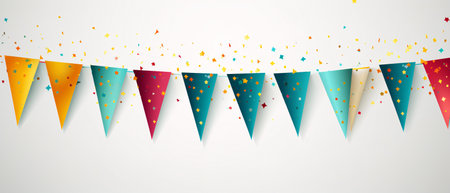 Party flags with confetti and ribbons. Colorful vector illustration.の素材