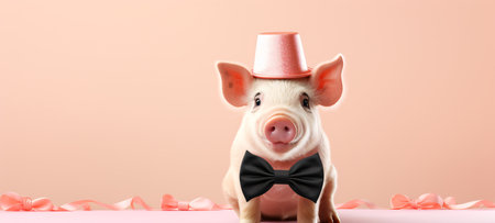 Cute little pig wearing a bow tie and a hat on pink backgroundの素材