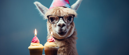 Cute funny alpaca with glasses and birthday cupcake.の素材