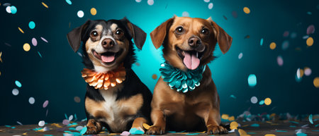 Three cute dogs with confetti and ribbons sitting on blue backgroundの素材