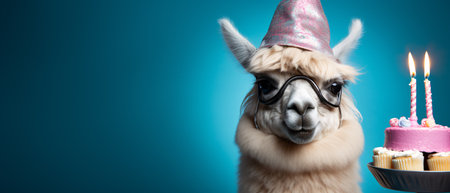 Cute alpaca with birthday cake and candles on blue backgroundの素材