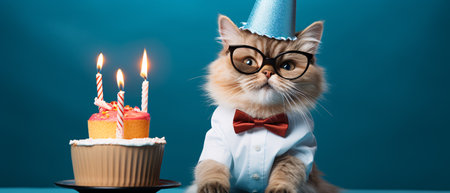 Cute cat wearing party hat and glasses with birthday cake on blue backgroundの素材