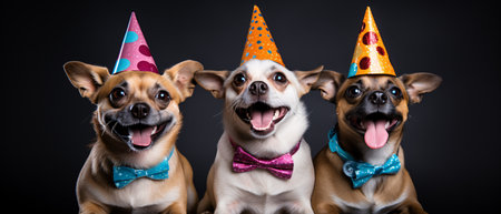 Group of cute dogs with birthday hat and bow tie sitting on black backgroundの素材