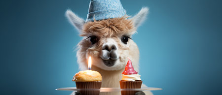 Cute alpaca with cupcakes and hat on blue backgroundの素材
