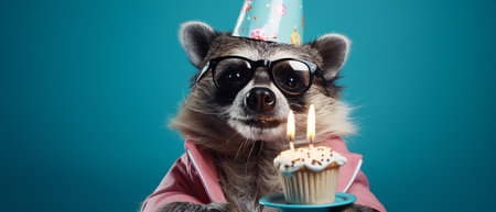 Funny raccoon with birthday cake and cupcake on blue backgroundの素材