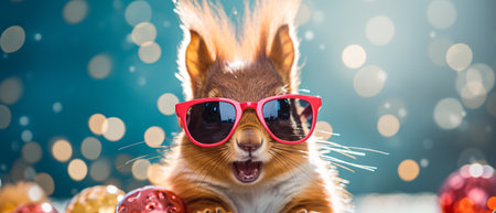 Funny squirrel with red sunglasses and Christmas balls on bokeh backgroundの素材
