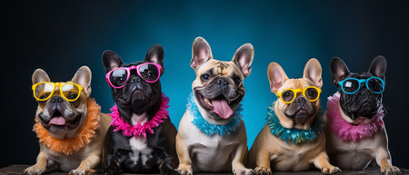 group of french bulldog dogs wearing colorful clothes and sunglasses over blue backgroundの素材