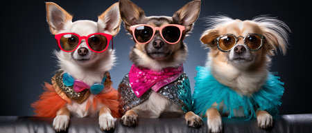 group of chihuahua wearing fancy clothes and sunglasses on black backgroundの素材