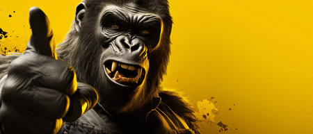 Gorilla showing thumbs up on a yellow background with copy spaceの素材