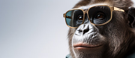 Portrait of a stylish gorilla wearing glasses and looking at the cameraの素材