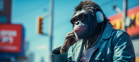 Gorilla listening to music on the street of the city.の素材