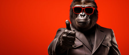 Gorilla man with glasses making a thumb up gesture over red backgroundの素材