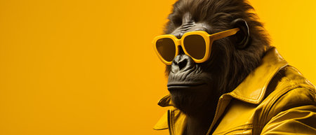 Portrait of a gorilla in a yellow jacket and sunglasses on a yellow background.の素材