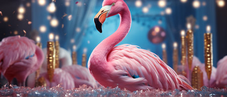 Flamingos in the snow. 3D illustrations. 3D rendering.の素材