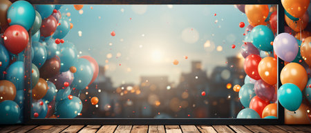 Colorful balloons flying in the air with city view. 3D renderingの素材