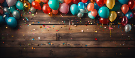 Colorful balloons and confetti on wooden background with copy space.の素材