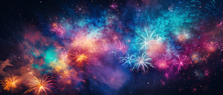 Colorful fireworks in the night sky. New Year celebration background.の素材
